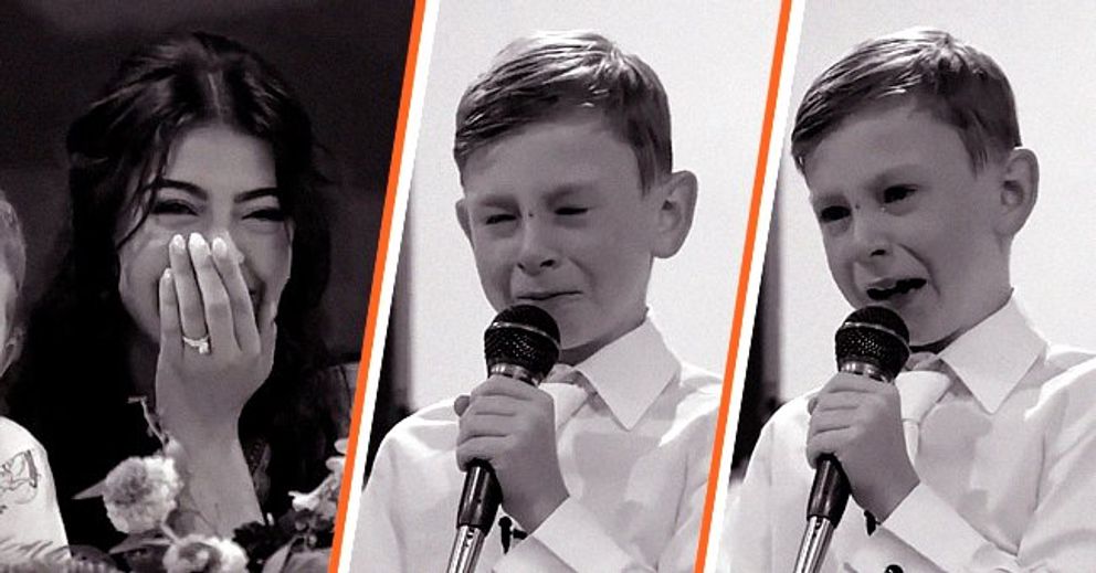 A 9 éves fiú könnyekben tör ki a nővére esküvőjén tartott beszéde közben A 9 éves fiú könnyekben tör ki a nővére esküvőjén tartott beszéde közben