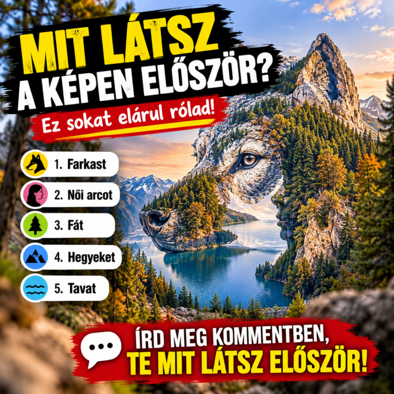 Optikai illúzió hegyvidéki tájban rejtett farkas- és női arccal, öt válaszlehetőséggel
