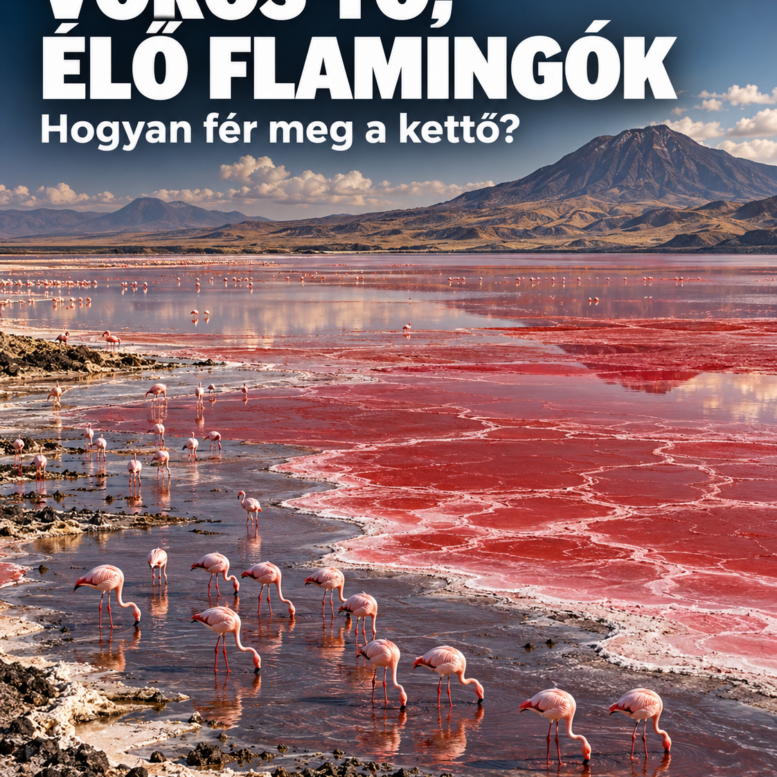 Vöröses vizű Natron-tó flamingókkal, AI-illusztráció
