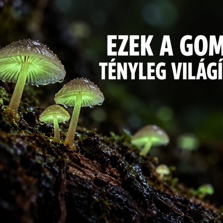 Zöldes fényt kibocsátó gombák – AI-illusztráció